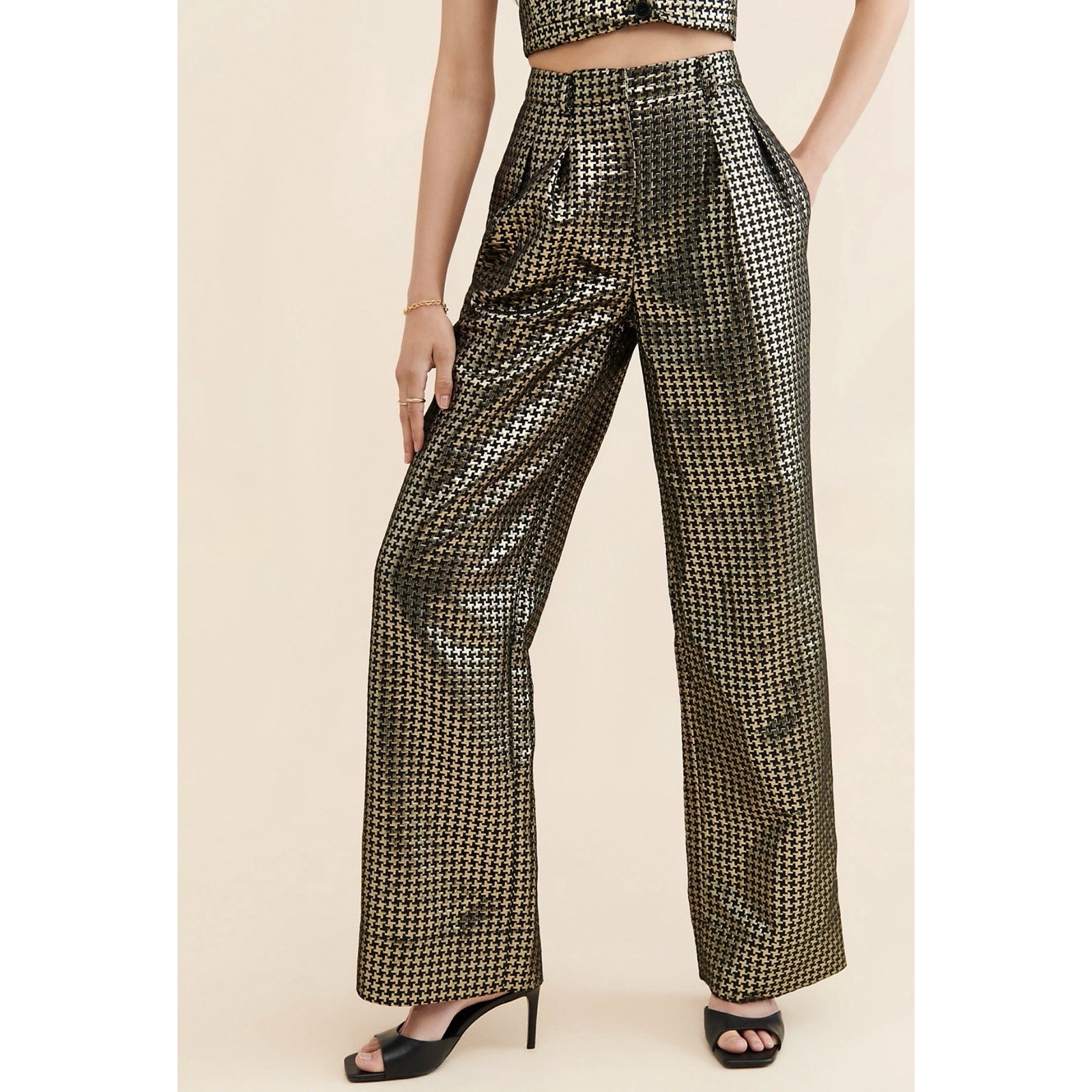 Ronny Kobo Carrine Metallic Houndstooth Trousers - S Gold Black Wide Leg Pleated
